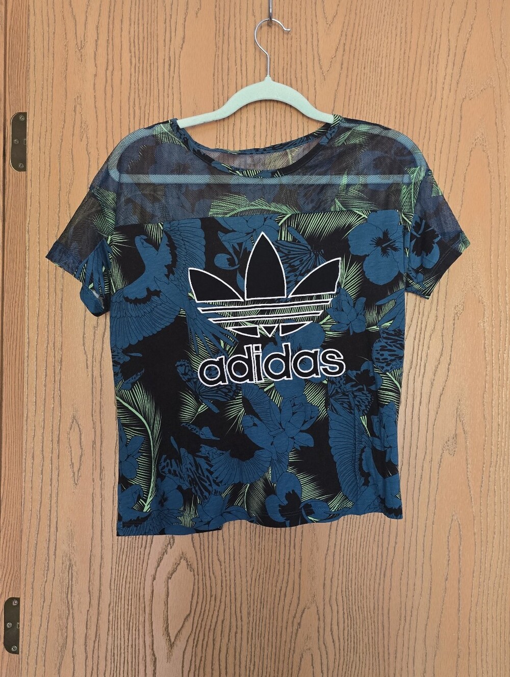 adidas Black Tee with Blue & Green Floral Print and Trefoil Logo